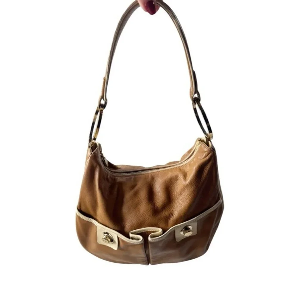 TOD'S Small Tan Leather Pocket Shoulder Hobo Bag Gold Rings Strap Made In Italy